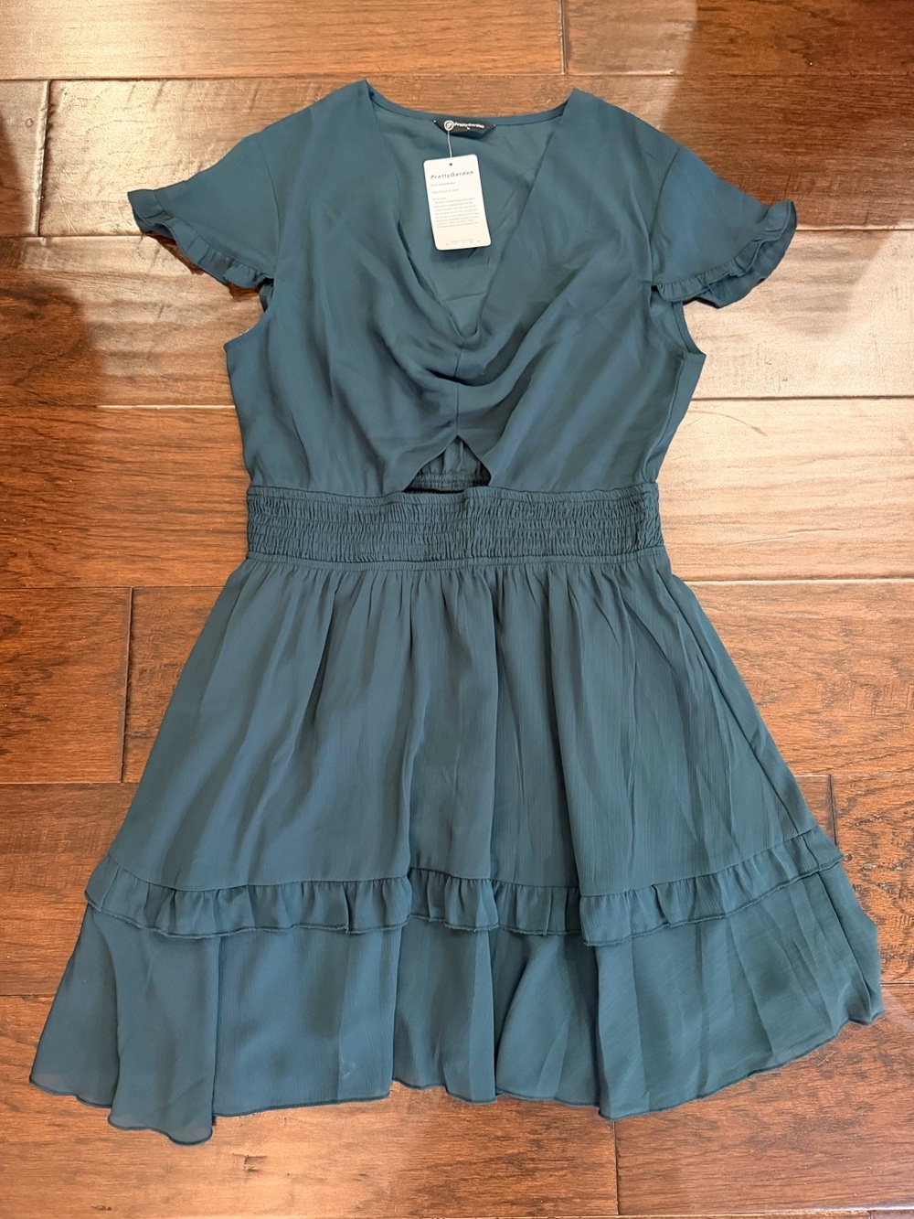Pretty Garden Women’s Teal Ruffle Hem Short Sleeve Dress with Peek a boo Cutout
